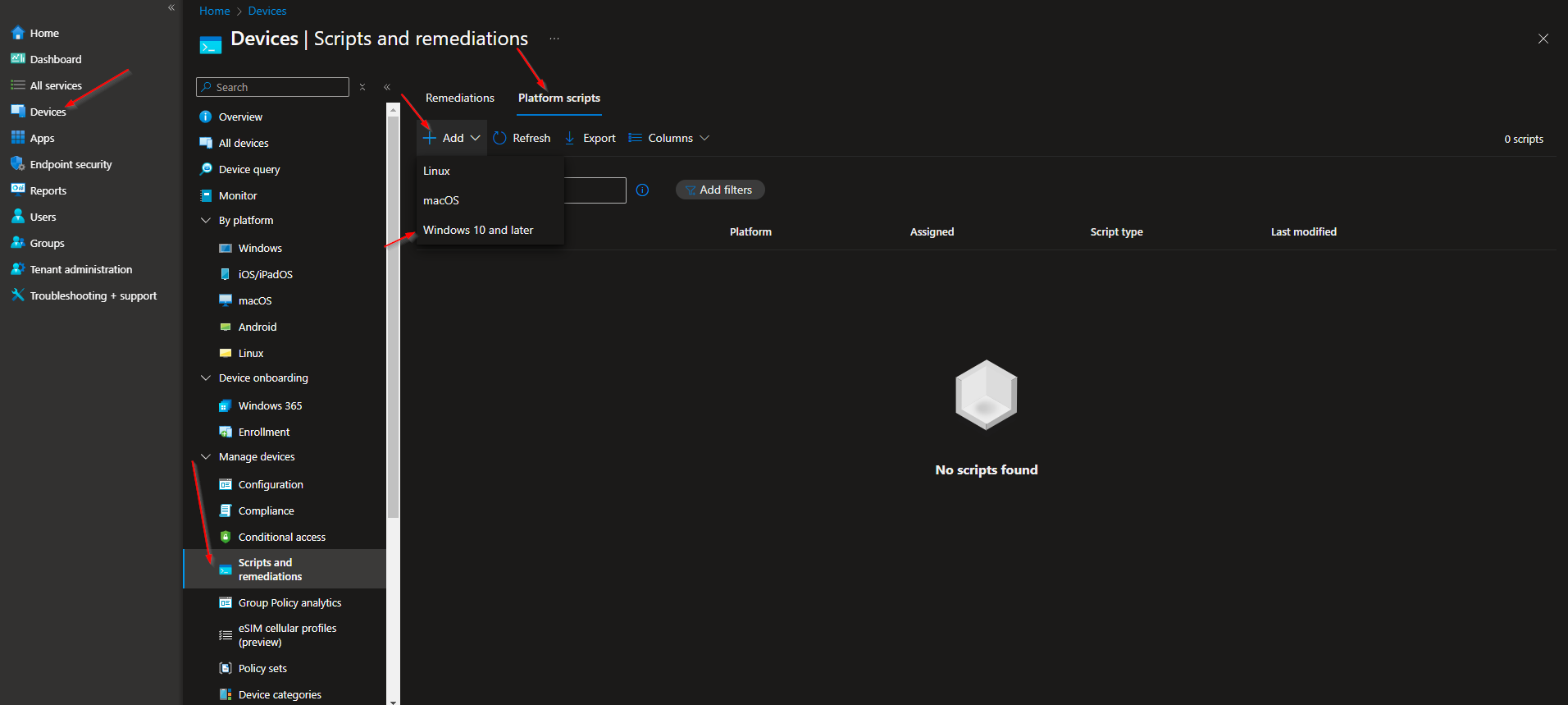 Creating a new PowerShell script in Intune Platform Scripts